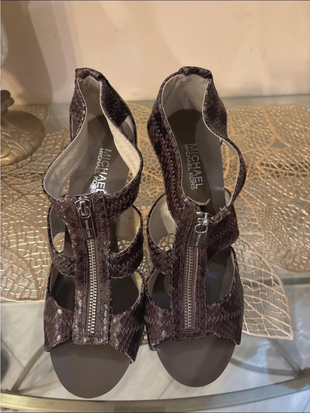 Michael Kors Brown Textured Leather Zip-Strap Heels